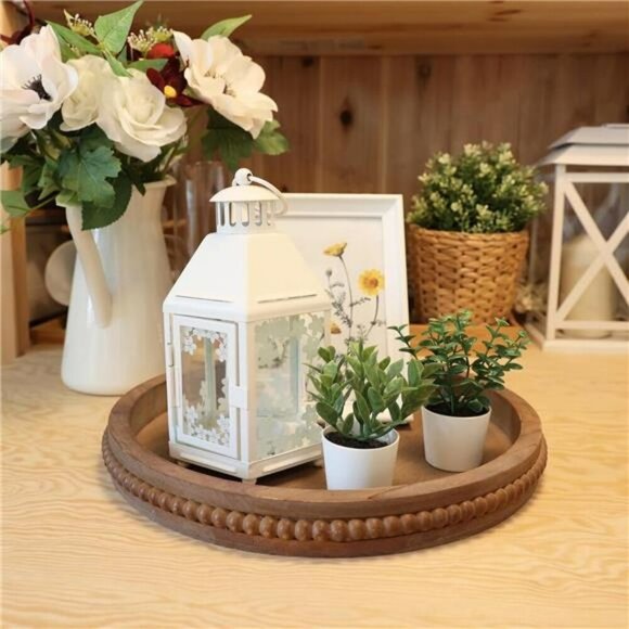 Round Wood Serving Tray Rustic Centerpiece Ottoman Tray Home Decor Organizer - Picture 2 of 7